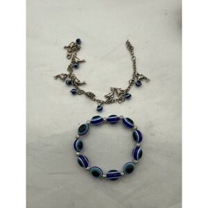 Evil Eye Charm Bracelet Set Silver Tone Blue Beaded Dolphin Charms
